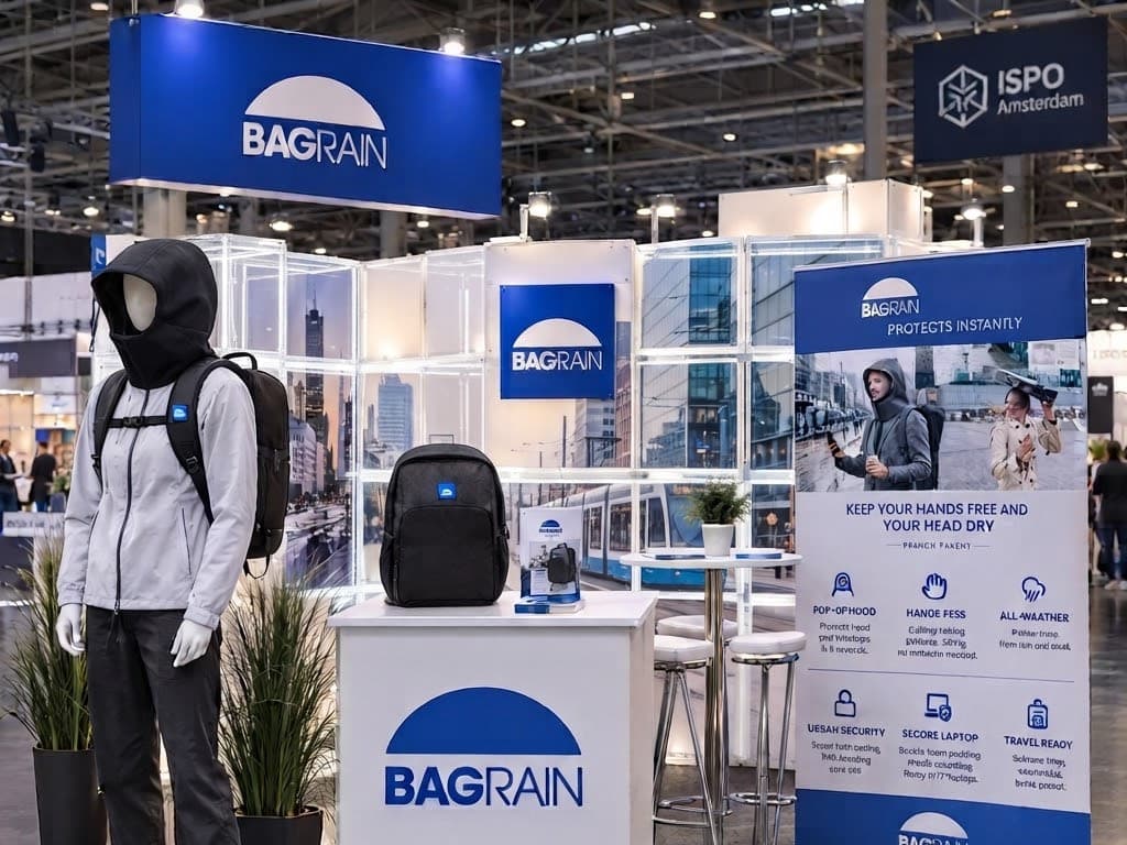 Le stand BAGRAIN à ISPO Amsterdam : mannequin portant le sac capuche déployée, sac posé sur le comptoir et kakémono de présentation