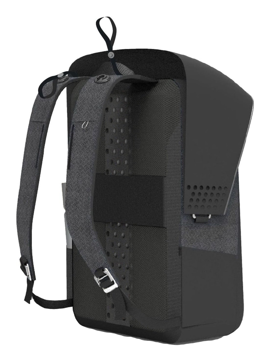 Rendu du sac vu de dos : bretelles rembourrées, mousses dorsales, passant valise et boucle de portage